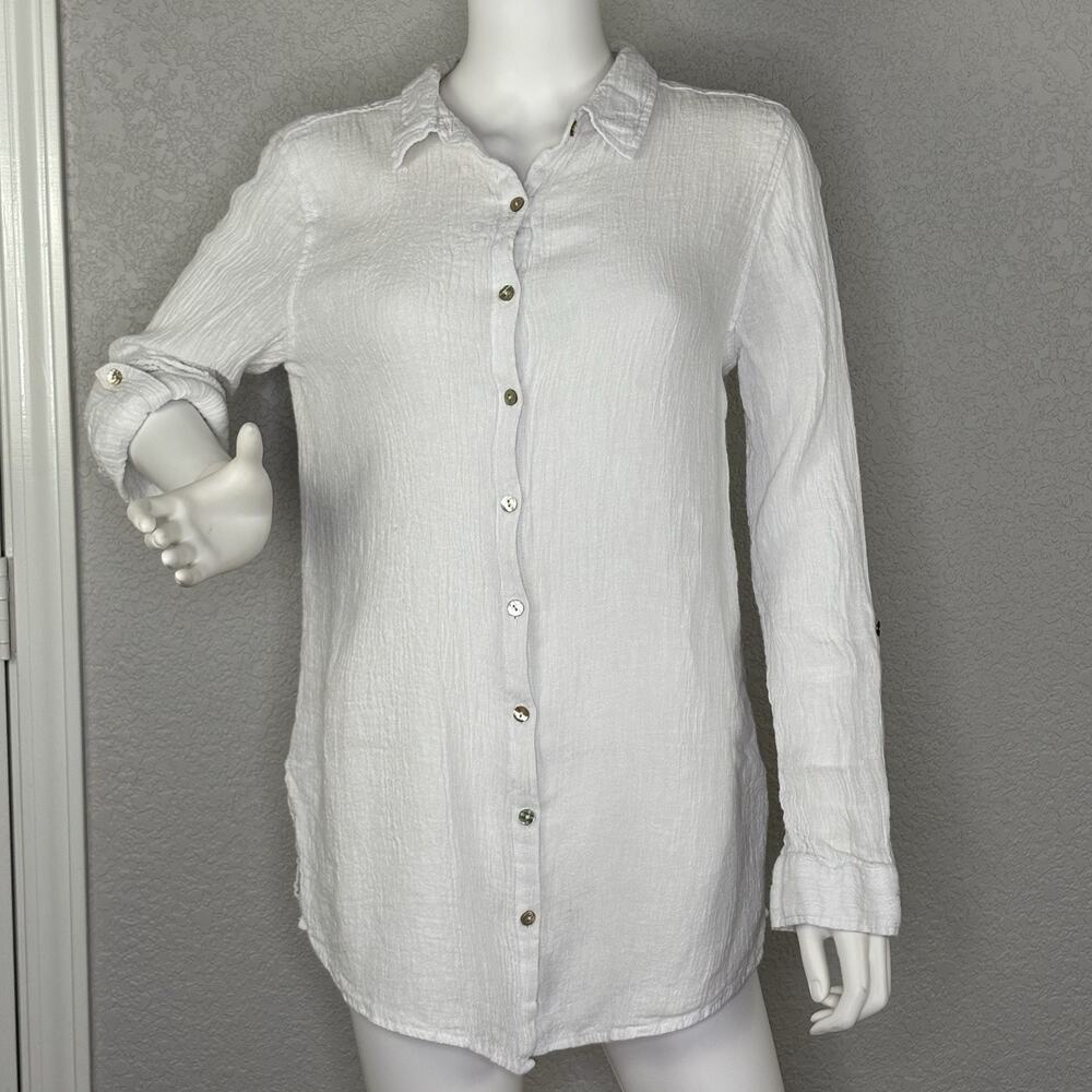 Tahari Womens Button Up Tunic Top Crinkle Gauze European Flax Linen White Size L